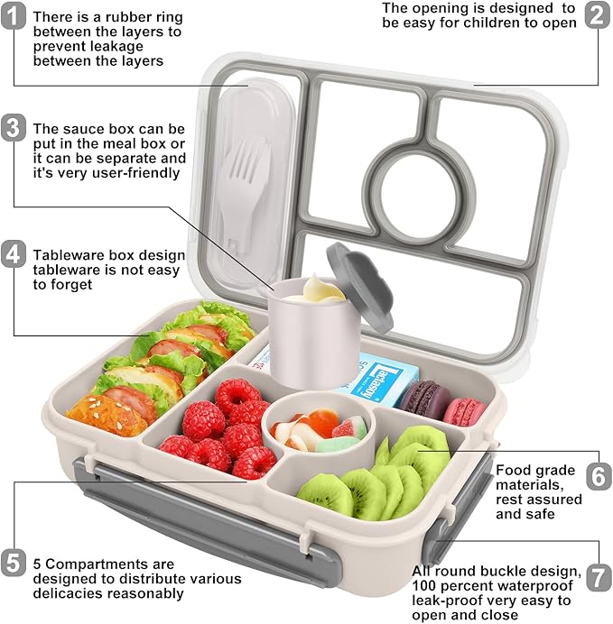 Lunch Box for Adults/Kids/Toddler,5 Compartments Bento Lunch Containers with Sauce Vontainers,Microwave & Dishwasher & Freezer Safe,BPA Free(White)
