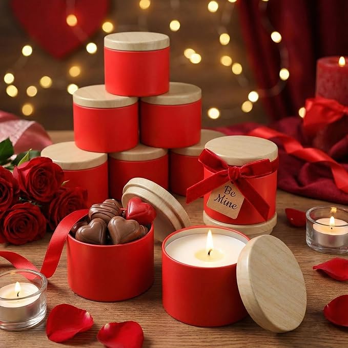 Honeydak 36 Pcs 4oz Red Candle Jars Bulk Candle Tins Small Empty Containers with Metal Wood Grain Printing Lids for Making DIY Jars Storage Wedding Gifts