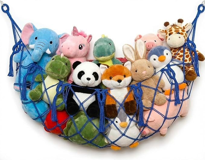 Stuffed Animal Net or Hammock for Flat Wall Mounted Handmade Macrame Toy Display Hanging Plush Toy Net for Stuff Animal Storage(blue large)