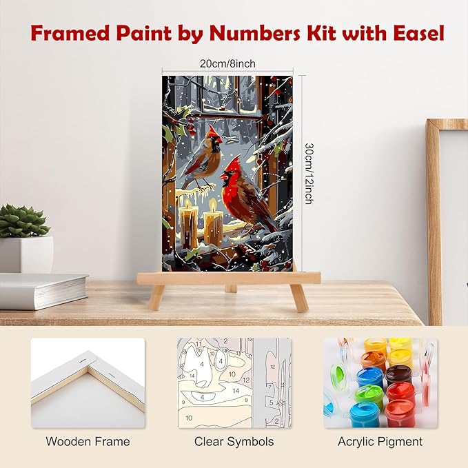 MOGTAA Christmas Cardinal Paint by Numbers Kit for Adults Beginners with Frame, Winter Adult Paint by Number Kits on Canvas with Easel, Easy DIY Candle Oil Painting Kits for Home Decor, 8x12in