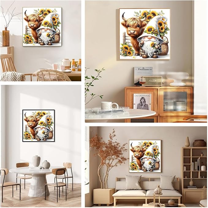 Highland Cattle Gnome Diamond Painting Kits for Adults Beginners,Diamond Art Kits for Adults Sunflower,Round 5D Gem Painting Kit Arts for DIY Crafts Gift Home Wall Decor 14x14inch