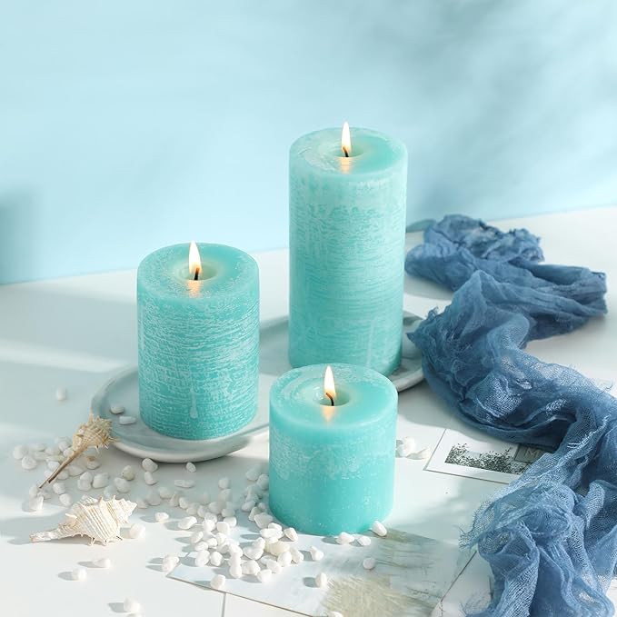 3x4 Inch Turquoise Pillar Candles Set of 3 - Unscented Candles, Long Clean Burning, Large Big Candles, Smokeless Dripless Pillar Candles for Dinner Table, Wedding, Home, Bathroom, Rustic Decor