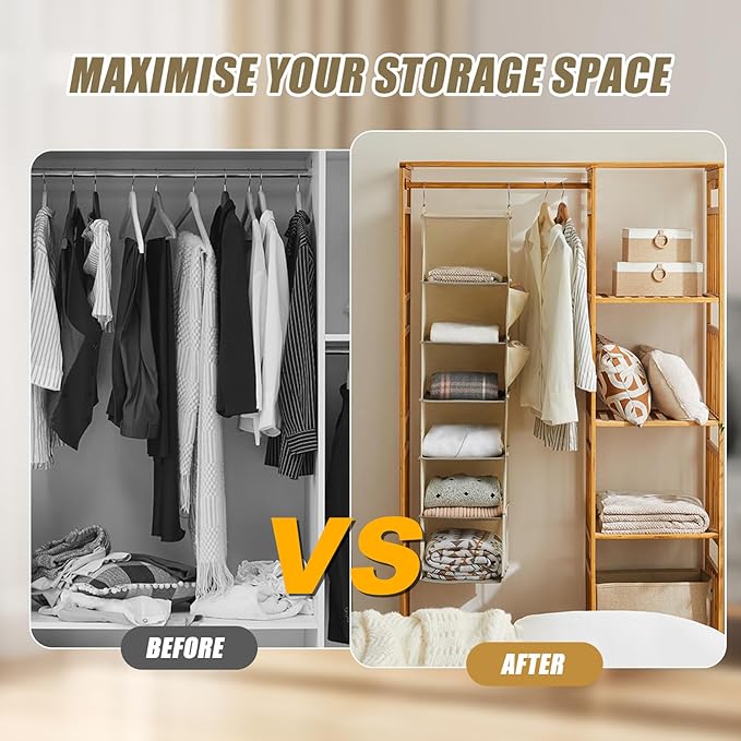 6-Shelf Hanging Closet Storage,Strong Frame Beige Closet Organizer with Side Pockets for Clothes and Accessories, Closet Organizers and Storage Solution, Send Goods from Local Warehouse