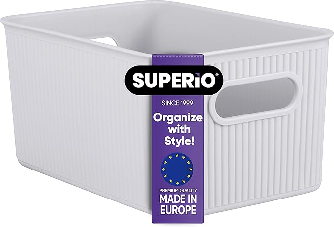 Superio Ribbed Collection - Decorative Plastic Basket Open Home Storage Bins Organizer, Medium White Smoke (1 Pack) Container Boxes for Organizing Closet Storage Bins for Shelves Drawer Shelf 5 Liter