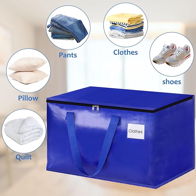 Moving Bags, Storage Bags with Sturdy Handles and Heavy Duty Zippers, Storage Totes for Space Saving, Moving & Storage, Collapsible Moving Supplies(100L, 8-Pack, Blue)