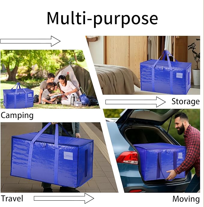 12 Pack-Extra Large Heavy Duty Moving Bags - Waterproof Storage Totes with Handles & Zippers, Foldable for College Dorm, Storage (Blue)