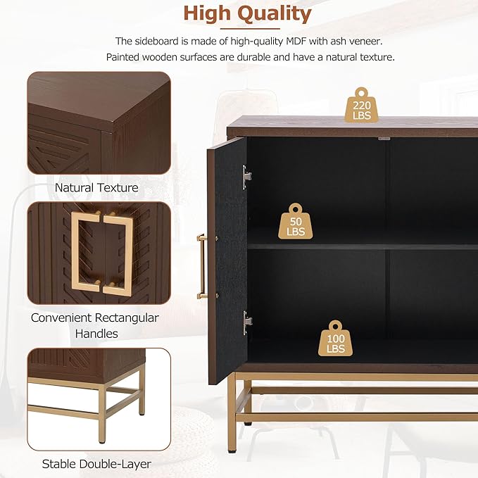 Amposei Retro Accent Sideboard Cabinet 59.8-Inch Credenza Console Storage Cabinet Dining Buffet Table with 4 Doors & Adjustable Shelves for Living Room Entrance, Espresso
