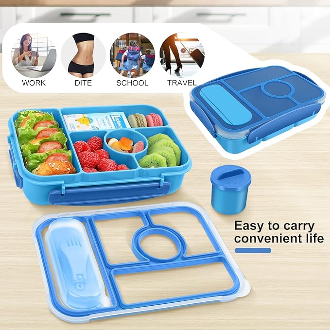 Lunch Box Kids,Bento Box Adult,Lunch Containers for Adults/Kids/Toddler,5 Compartments Bento Lunch Box with Sauce Vontainers,Microwave & Dishwasher & Freezer Safe,BPA Free(Blue)