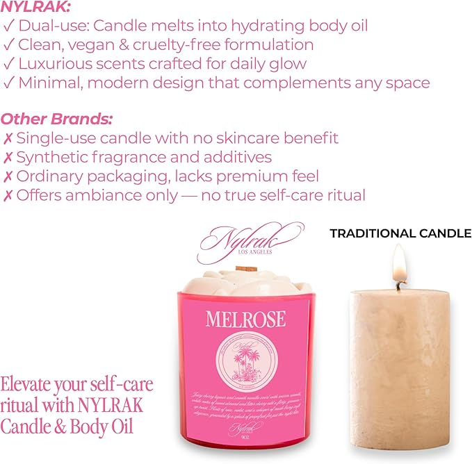 Body Oil Massage Candle | Melts into Skin Softening Warm Massage Oil - Natural Wood Wick - Soy & Coconut Wax – Cherry & Vanilla with Rose Scents - Self Care Gift (Melrose 9oz)