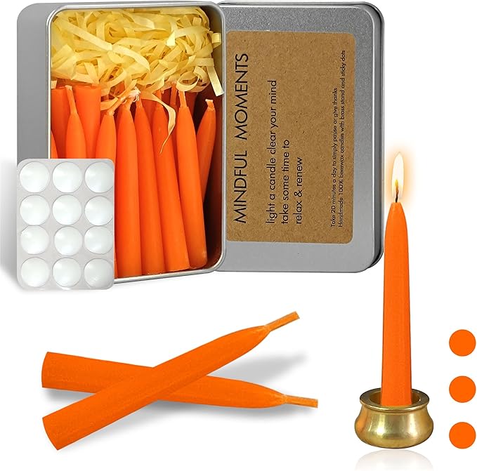Mini Taper Candle Meditation Candles,Orange 20 Minute Prayer Candlestick Dripless Beeswax Candles with Brass Candle Holder for Yoga & Spiritual Rituals,30-ORA