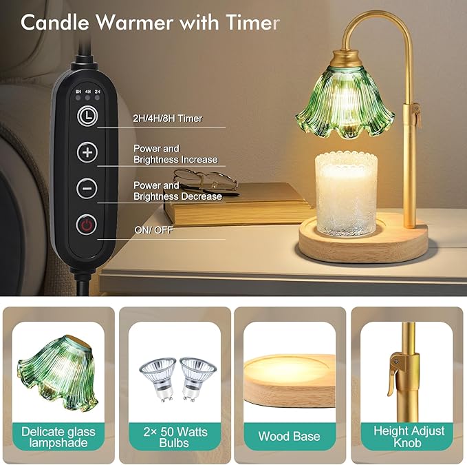 Candle Warmer Lamp with Timer & Dimmer, Adjustable Height Electric Wax Melt Warmer for Scented Jar Candles, Home Fragrance Decor, Birthday Gifts Women Mom