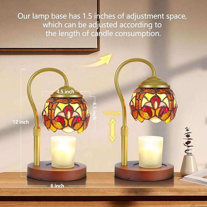 Baroque Tiffany Style Candle Warmer Lamp with 2 Bulbs - Handcrafted Stained Glass, Height-Adjustable, Timer & 4 Dimmer Levels, No Assembly Required, Fits Jars up to 5"