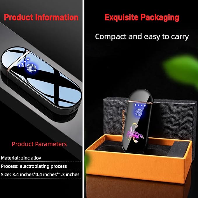 Spinning Arc Lighter, Windproof Flameless Electric Lighter, Touch Sensor Electronic Lighters, USB Rechargeable, with Dynamic Cool LED Lights, Scorpion (Blue)