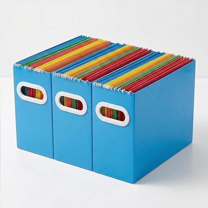 Hanging File Organizer Box, 3 Pack Blue Cardboard File Folder Holder for Letter Size, Portable Desk Document Storage with Handles, for Office,Home,School