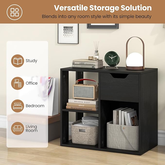 LOKO 3-Cube Bookshelf with Drawer, 2-Tier Open Shelf Bookcase, Freestanding Display Shelf, Modern Home Storage Organizer, Shelving Unit for Living Room, Bedroom, Study, Office (1, Black)