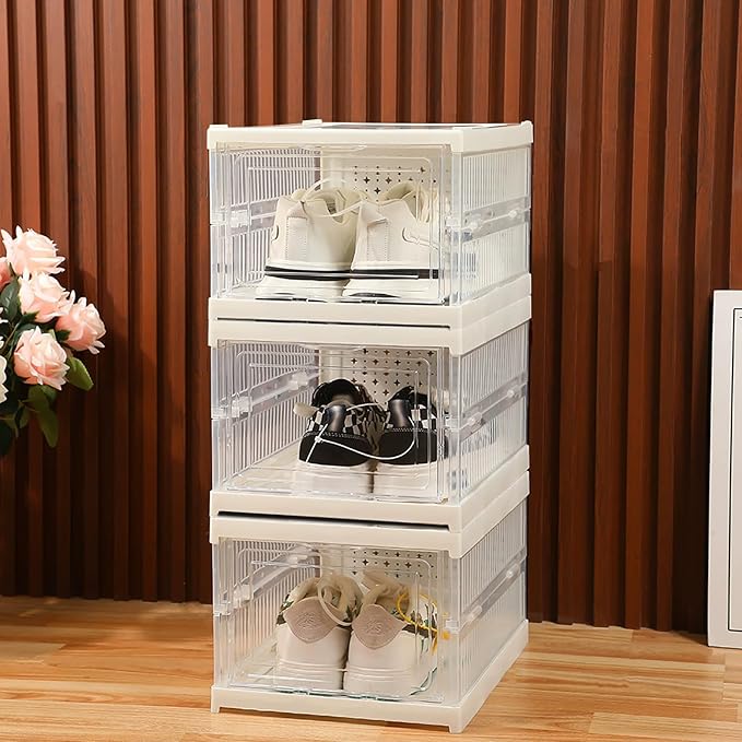 Shoe Storage Organizer Box Foldable Collapsible Stackable Shoe Rack Bins, Fit Size 12, No Assembly, for Men and Women