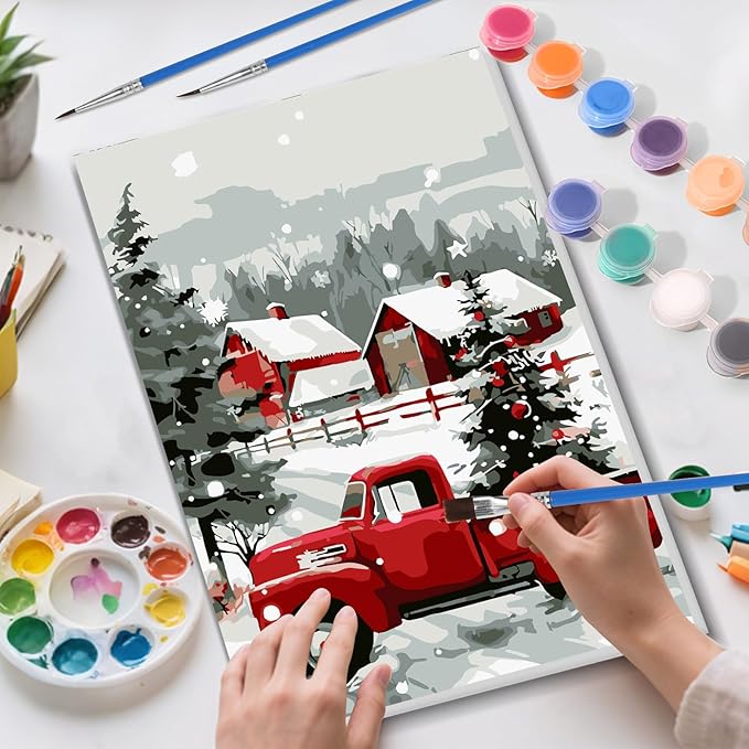 Skyboda Christmas Tree Paint by Numbers Kit for Adults Beginners with Frame, Red Truck Adult Paint by Number Kits on Canvas, Easy DIY Oil Painting Kits for Home Decor, 8x12in