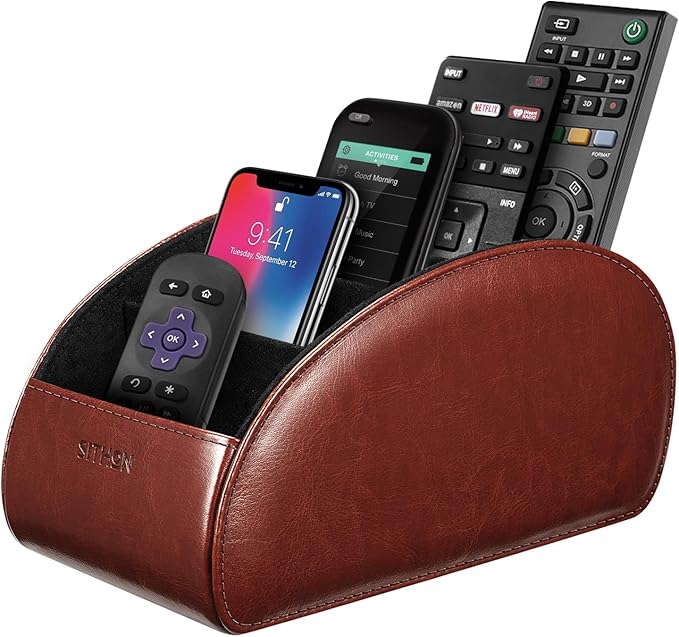 SITHON Remote Control Holder with 5 Compartments – [Upgrade Version] PU Leather Remote Caddy Desktop Organizer Store TV, DVD, Blu-Ray, Media Player, Smart Phones, Heater Controllers (Brown)
