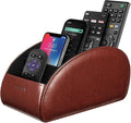 SITHON Remote Control Holder with 5 Compartments – [Upgrade Version] PU Leather Remote Caddy Desktop Organizer Store TV, DVD, Blu-Ray, Media Player, Smart Phones, Heater Controllers (Brown)