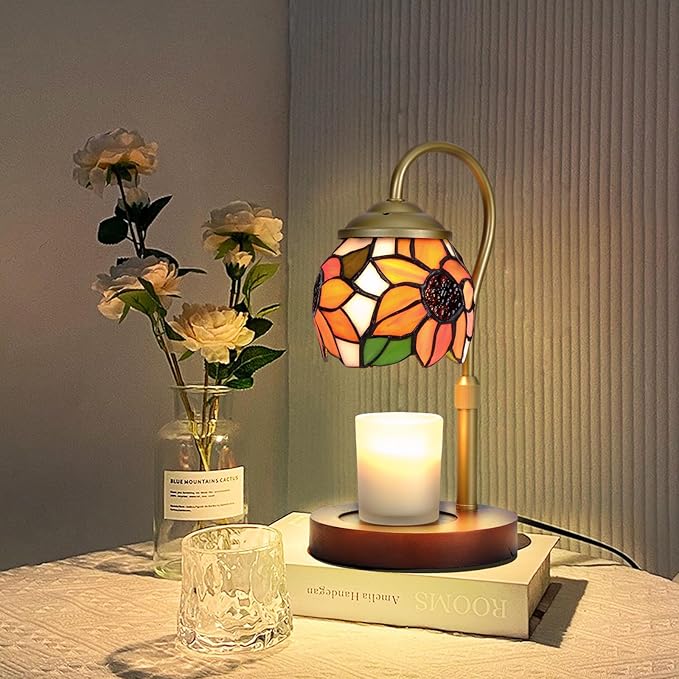 Sunflower Tiffany-Style Candle Warmer Lamp with 2 Bulbs - Handcrafted Stained Glass, Height-Adjustable Timer & 4 Dimmer Levels, No Assembly Required, Fits Jars up to 5"