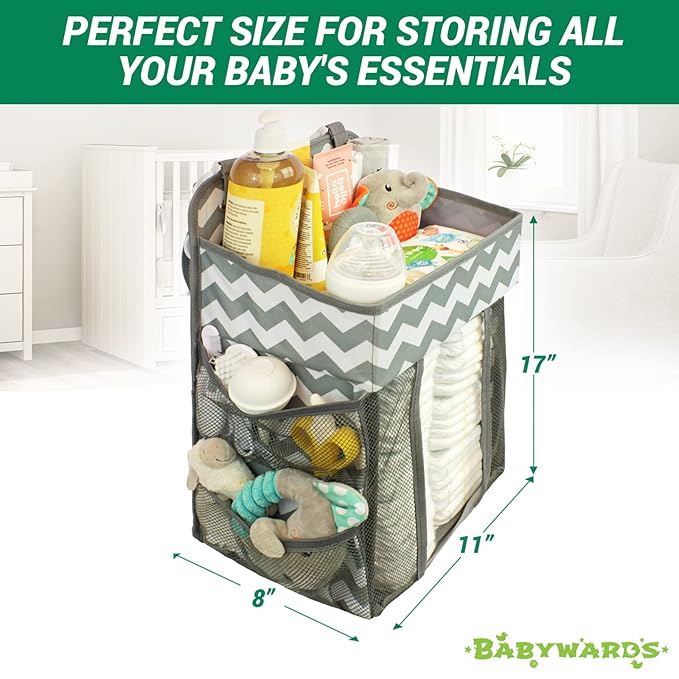 Hanging Diaper Caddy Organizer - Large Nursery Storage for Essential Newborn Baby Items - 2 Compartments, 3 Mesh Pockets - Durable Hooks to Hang on Bassinet, Changing Table, Crib