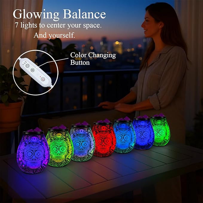 Leyoue 3D Glass Fireworks Electric Wax Melt Warmer with PTC Heating Plate 7 Colors LED Changing Light Wax Burner Melter Fragrance Warmer for Home (Skull Head)