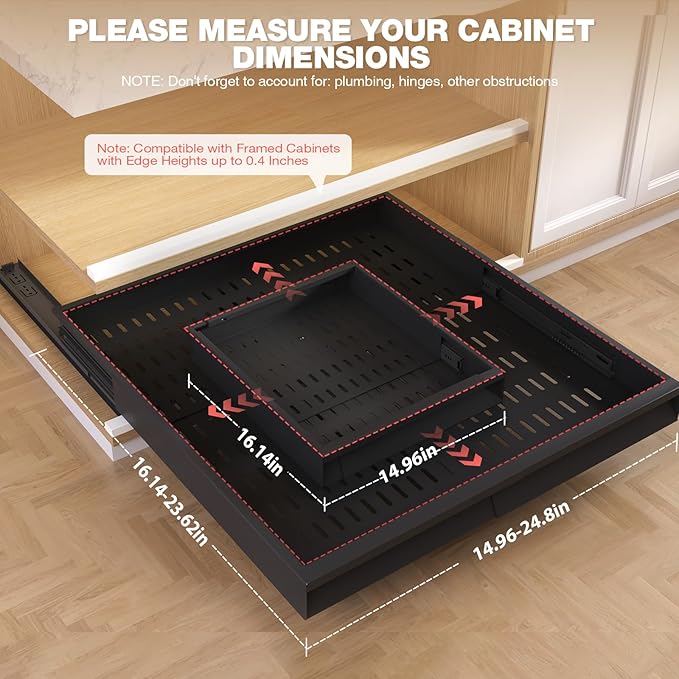 2 Pack Pull Out Cabinet Organizer With Raising Pad for Framed Cabinets,Expandable Width (15"-25") and Depth (17"-24"),3 Slide Rails Slide Out Drawers with Handle,No-Drill Roll Out Shelf,Black