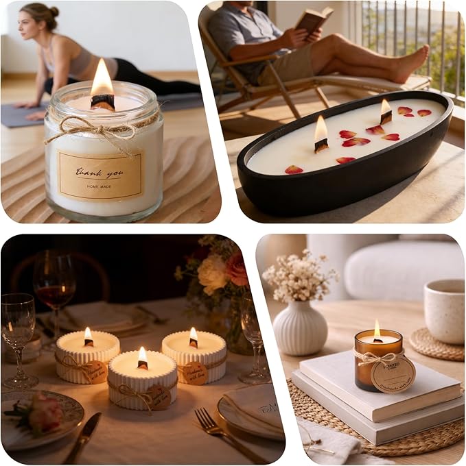 200pcs Thickened Wooden Candle Wicks Kit for Candle Making – Natural Smokeless Crackling Include 100pcs Wood Wicks with 100pcs Metal Bases, DIY Soy Wax Supplies