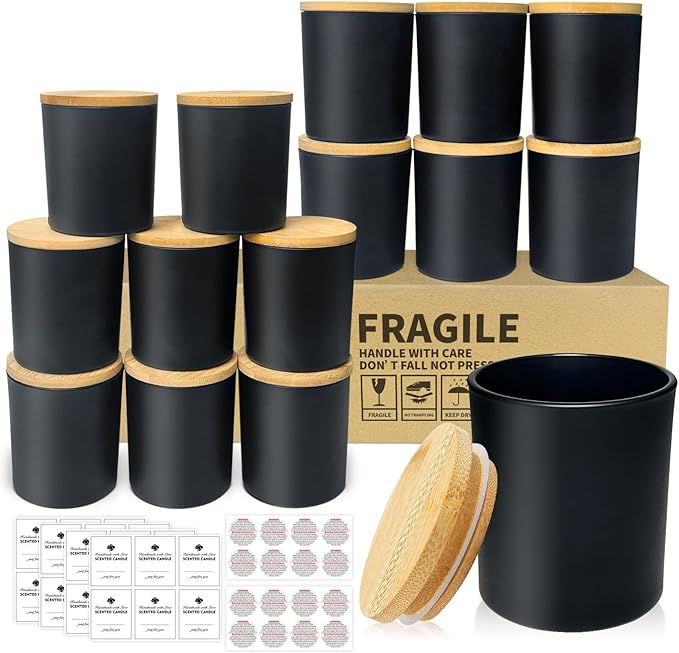 SUPMIND 15 Pack Glass Candle Jars- 7 fl.oz Matt Black Empty Candle Jars with Bamboo Lids and Sticky Labels, Bulk Candle Containers for Making Candles for Halloween