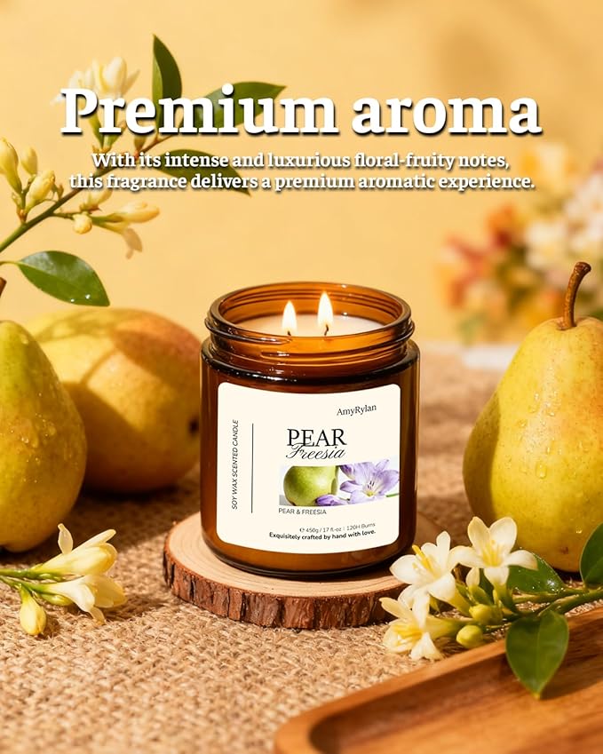 2 Wicks 17oz Large Non-Toxic Soy Wax Scented Candle, Pear & Freesia 120 Hours of Burn Time, Long Lasting Large Candle for Gift, Cost-Effective Candle for Home Fragrance, Aromatherapy