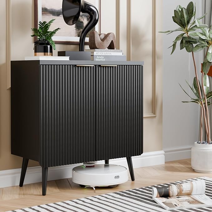 Sideboard Buffet Cabinet with Storage, Modern Fluted Accent Credenza with 2 Doors, Buffet Media Console Entryway Cabinets with Adjustable Shelves for Living Room Dining Room Hallway, Black