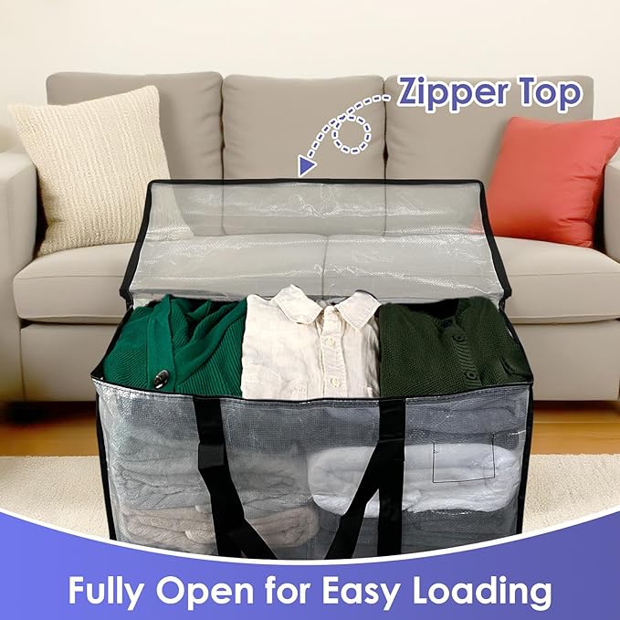 SINLAND 4 Pack Extra Large Heavy Duty Moving Bags with Strong Zippers, Reinforced Handles and Tag Pocket, Packing Totes Supplies for College Dorm Room, Packing Bags for Saving Space(Semi-Transparent)
