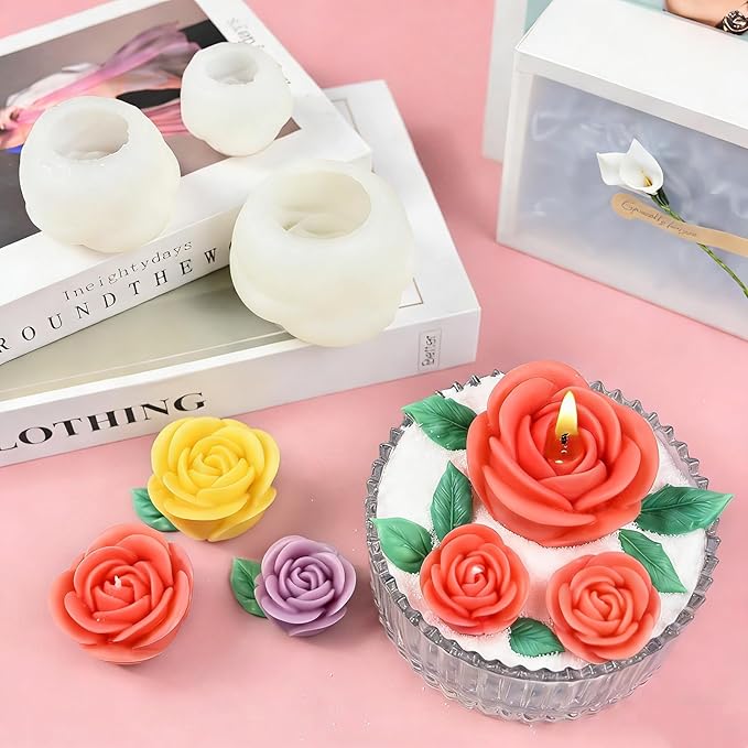 Rose Candle Molds, 4 Pcs Set of Large + Medium + Small 3D Rose Flower Silicone Molds with Leaf Mold for Candle Making, Epoxy Resin Casting, Handmade Soap Clay Plaster Home Décor Mom Gift