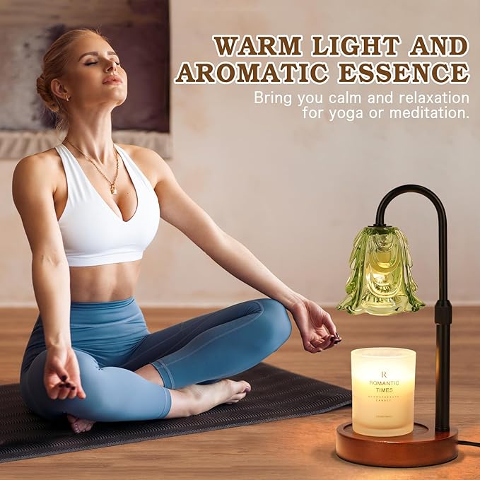 Small Candle Warmer Lamp with Timer, Adjustable Green Lamp Warmer for Jar Candles, Unique Women Gifts for Birthday, Dimmable Candle Heater, Anniversary Day Gifts, Cute Wax Warming Light with Wood Base