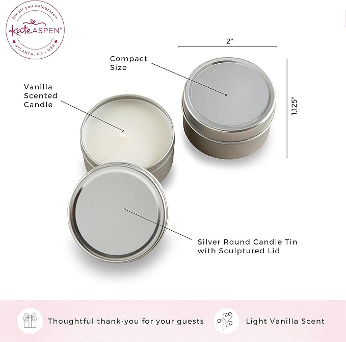 Kate Aspen Travel Size Vanilla Scented Candle Tins With Lids - Mini Candles Bulk - Wedding Favors for Guests, Bridal Shower Gifts, Party Favors Adults, Bridesmaids Gifts