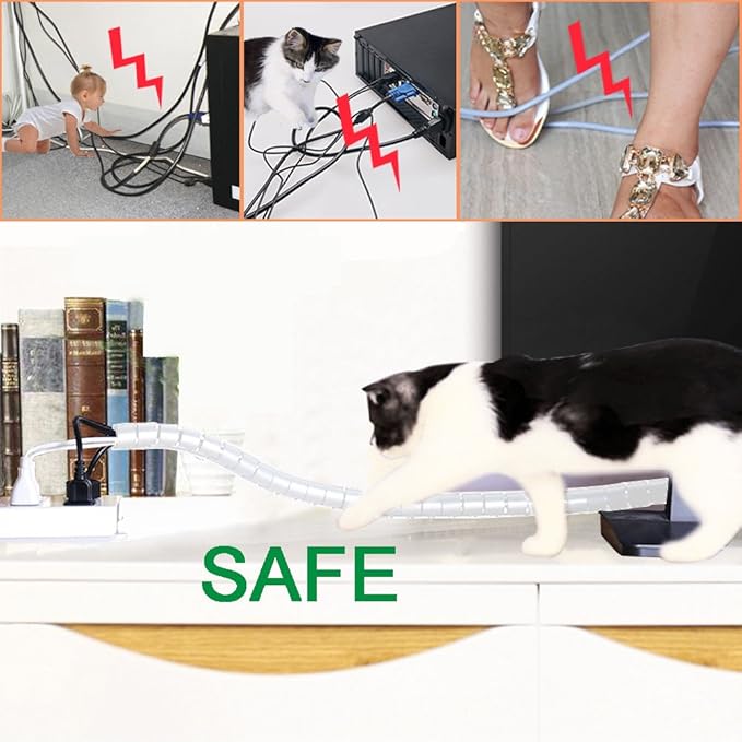 White Cable Wire Cover Cord Management Sleeve Electrical Wire Organizer Holder, VIWIEU Reusable & Expandable Desktop Spiral Tube Wire Hider with Cable Clips for TV Computer Home Entertainment