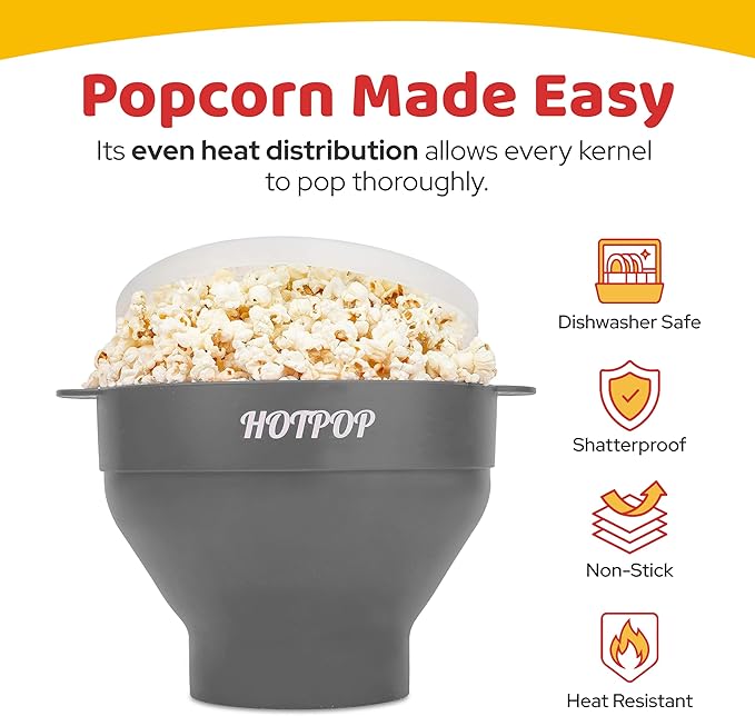 The Original Hotpop Microwave Popcorn Popper, Silicone Popcorn Maker, Collapsible Bowl BPA-Free and Dishwasher Safe- 20 Colors Available (Gray)
