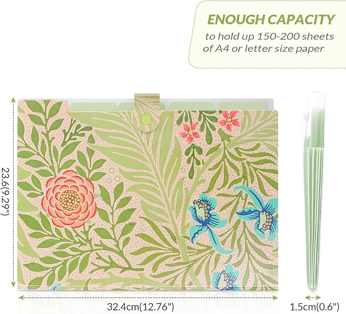 SKYDUE Expanding File Folder with 5 Pockets, Accordion File Organizer, Portable Receipt Paper Documents Organizer, Letter Size Filing Folder School Office Supplies, Green
