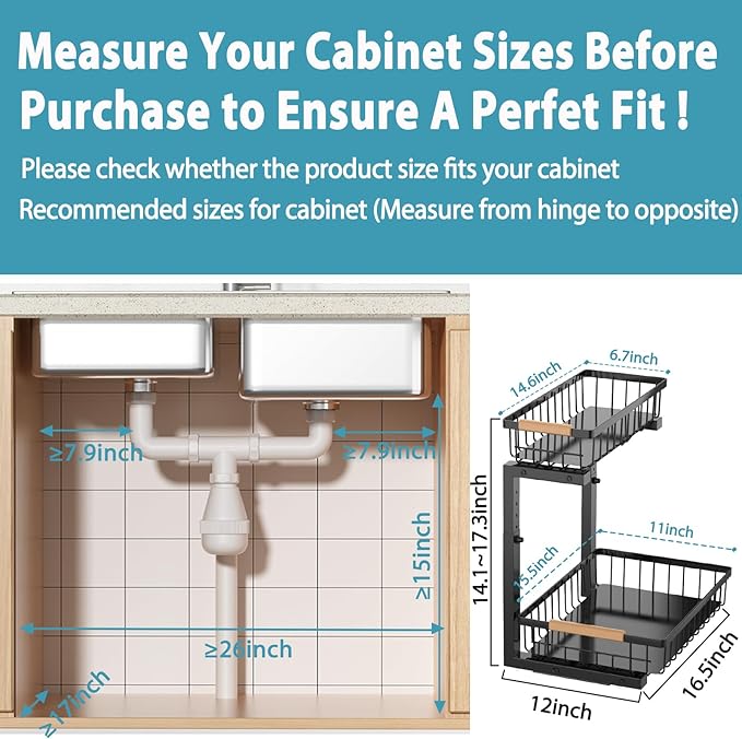 Liuoud Under Sink Organizer Storage 1 pack, 2 Tier Slide Out Height Adjustable Pull Out Cabinet Organizer Drawers, Kitchen Bathroom Large Capacity Metal Under Sink Rack Caddy Basket Shelves, Black