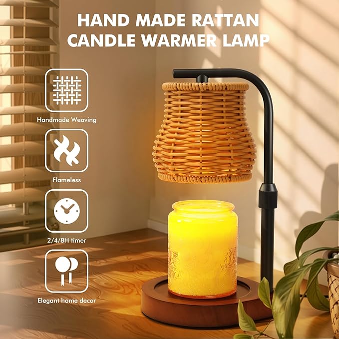 Candle Warmer Lamp with Timer & Dimmer - Electric Wax Melt Warmer with Adjustable Height for Scented Candles, Rattan Design for Home Decor, Ideal Gift for Women, Housewarming (Gold)