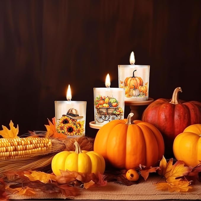 Ziliny 10 Pcs Thanksgiving Glass Candle Jars Empty Containers Bulk 7 oz Fall Pumpkin Harvest Sunflower Glass Jars with Cork Lids Tins for Candle Making Storing Biscuits Party Favors