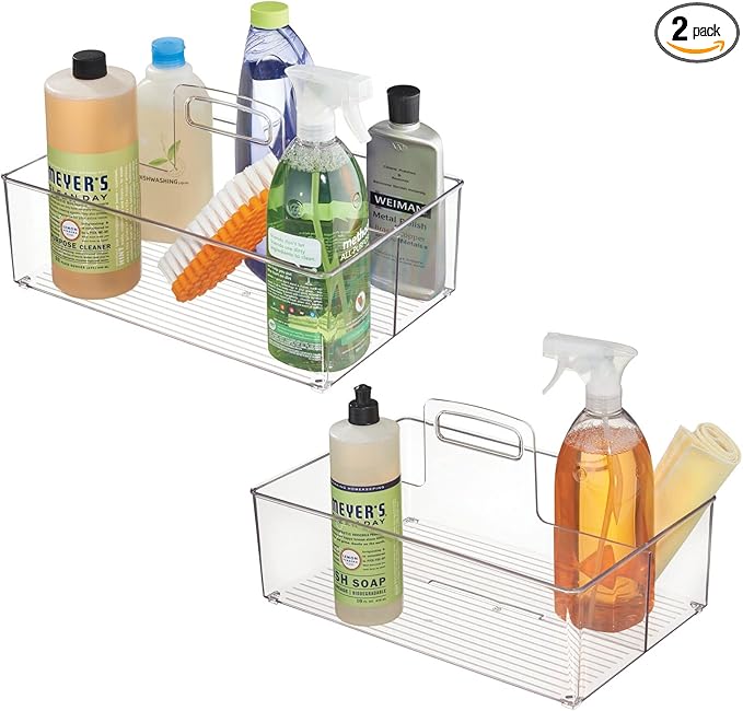 mDesign Large Plastic Divided Portable Storage Organizer Caddy Tote Basket Bin with Handle for Kitchen, Pantry, Countertop, Cabinet, Cupboard - Ligne Collection - 2 Pack - Clear