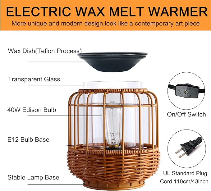 kobodon Electric Wax Melt Warmer Birthday Gifts for Women and Mom Edison Wax Warmer Fragrance Warmer for Home Office Gifts & Decor(Rattan Aroma Lamp)