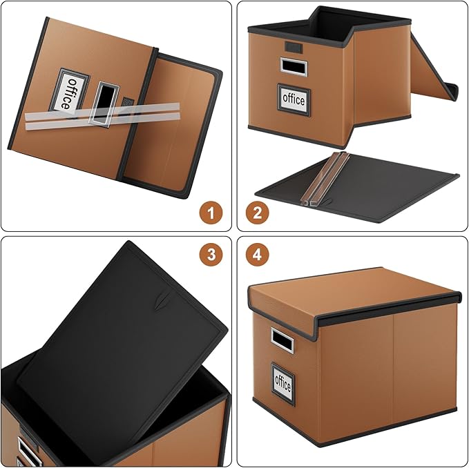 Huolewa File Organizer Boxes with Lids, Collapsible Faux Leather Hanging File Folder Box Organizer with Plastic Slide, Decorative Home/Office Filing System Boxes for File and Folders Storage