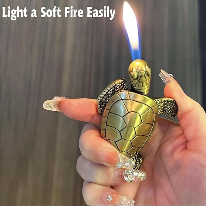 Torch Lighter - Turtle Shaped Refillable Gas Adjustable Flame Lighter, Unique Gift for Men & Women, Decorative Tabletop Lighter for Home & Office (Without Butane)-Titanium Gold