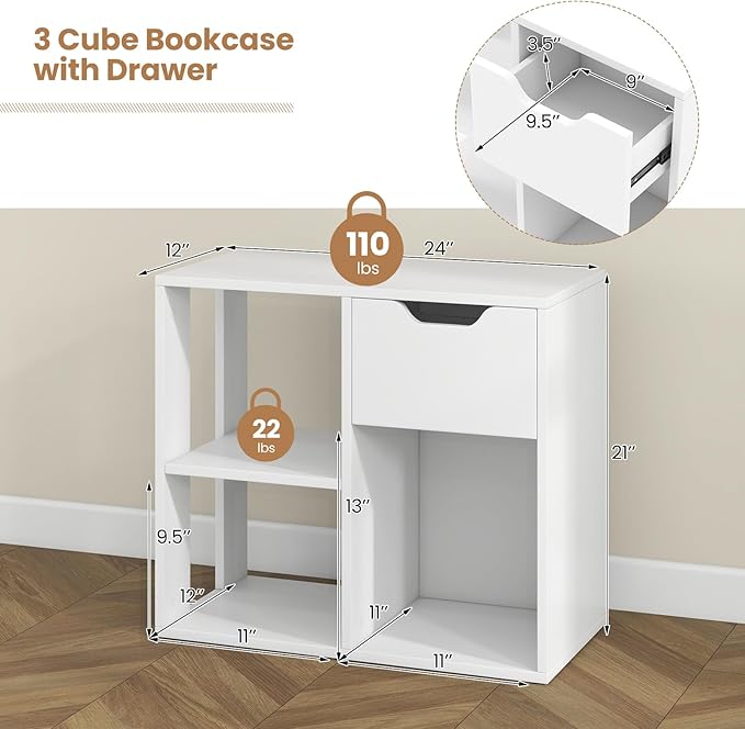 LOKO 3-Cube Bookshelf with Drawer, 2-Tier Open Shelf Bookcase, Freestanding Display Shelf, Modern Home Storage Organizer, Shelving Unit for Living Room, Bedroom, Study, Office (1, White)