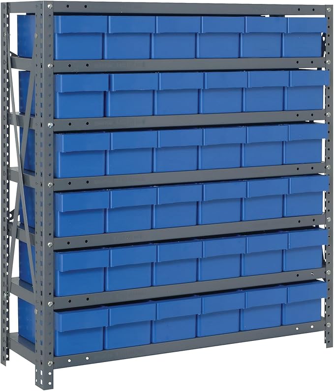 Quantum Storage Systems 2439-603BL Solid Heavy Duty 7 Shelves 36 Super Tuff Euro Blue Bins 39" H x 36" W x 24" D