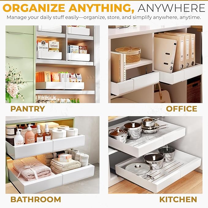 4pack Pull Out Under Sink Organizer – Expandable Sliding Cabinet Shelf for Kitchen, Bathroom, Pantry – Heavy Duty Metal Storage Rack for Cleaning Supplies and Bottles (White, 12.5-19.6 x 21 Inch)