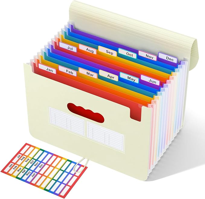 ABC life 12-Pocket Accordion File Organizer, Expandable File Folder with Colorful A-Z Tabs, Portable Bill & Receipt Organizer, Desktop Letter/A4 Paper Document Storage for Home & Office- Beige Color