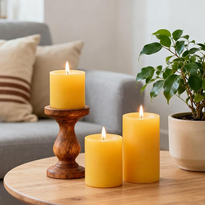 Set of 3 Natural Beeswax Pillar Candles - 3 inch Wide (3 inch 4inch 6inch Tall) - 100% Pure Bees Wax Candles, Long Burning, Unscented Smokeless & Dripless, for Emergency, Home Decor